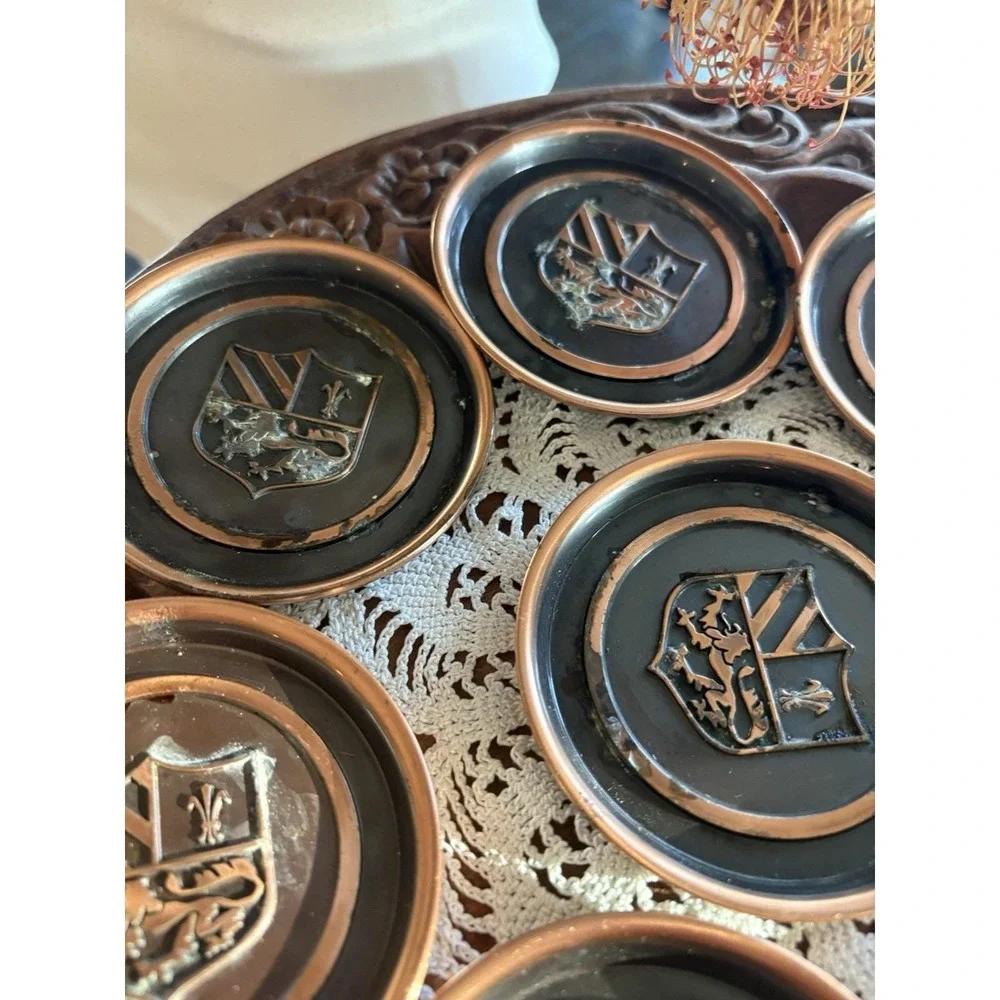 Vintage Hyde Park Copper Metal Coasters Set of 8 Heraldic Crest Shield Caddy MCM